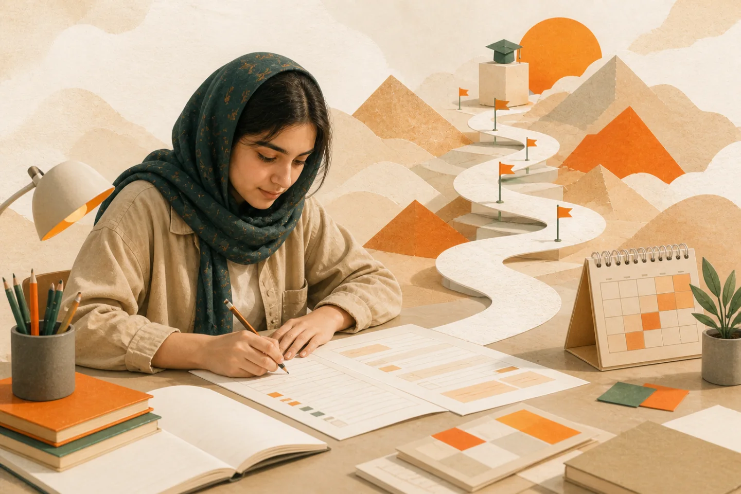 دانش‌آموز در حال تمرین پاسخ تشریحی برای امتحان نهایی
